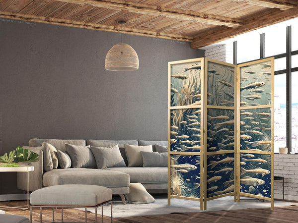 Paravento giapponese - Life in the Ocean - Underwater World of Fish and Vegetation in Beige and Navy Retro Style