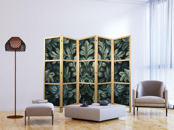 Paravento giapponese - Dark Green Victorian Leaves - Botanical Carved Composition