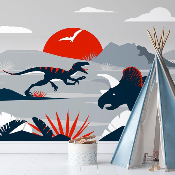 Carta da parati - Last dinosaurs with red - abstract landscape for a room