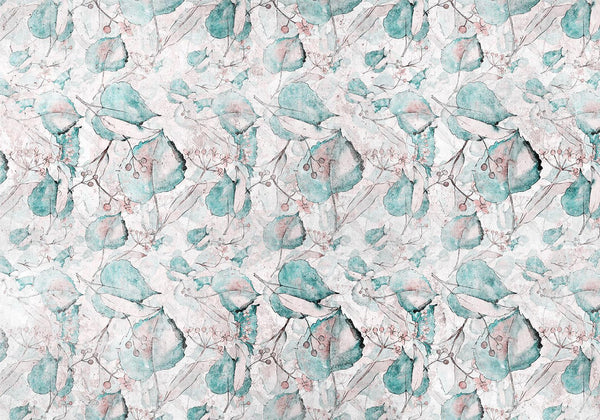 Carta da parati - Autumn souvenirs - floral pattern with turquoise leaves