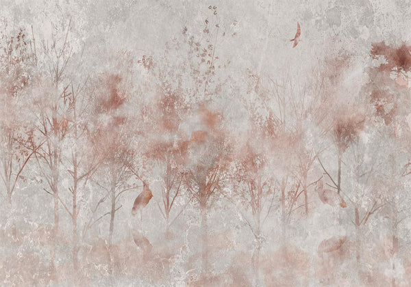 Carta da parati - Autumn landscape - abstract with trees and birds on a textured background