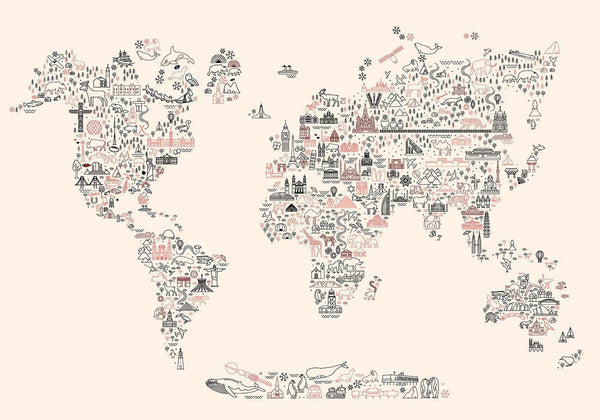 Carta da parati - Map With Icons - Cartoon Representation of the World in Pastel Colours