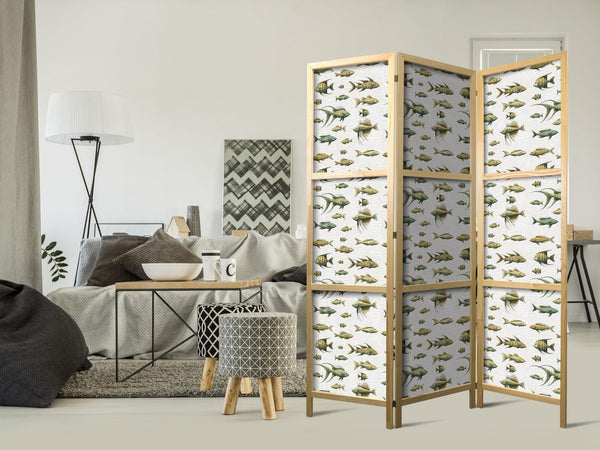 Paravento giapponese - Unusual Species of Fish - Cluster of Fish in Muted Retro Style on a Background of Beige Lines