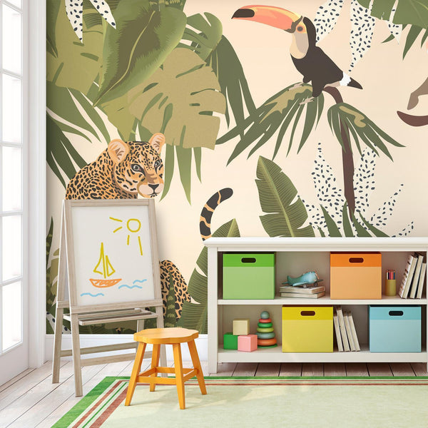 Carta da parati - Leaves and Shapes - Jungle in Faded Colours With Animals