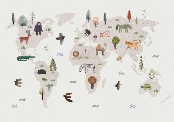 Carta da parati - Beige World - Continents With Animals in Muted Colours