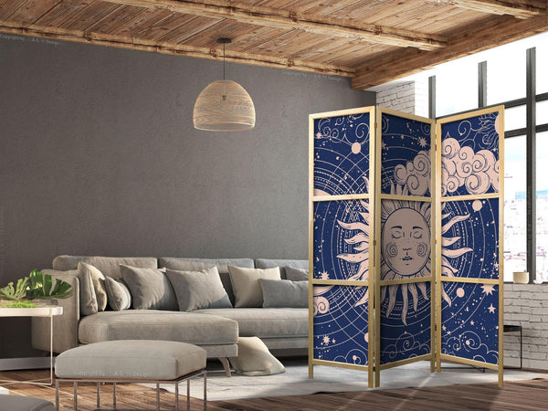 Paravento giapponese - Cosmic Harmony - Illustration of the Sun and Moon on a Navy Background