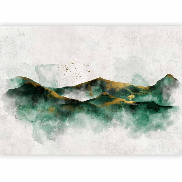 Carta da parati - Abstract landscape - green mountains with golden patterns and birds