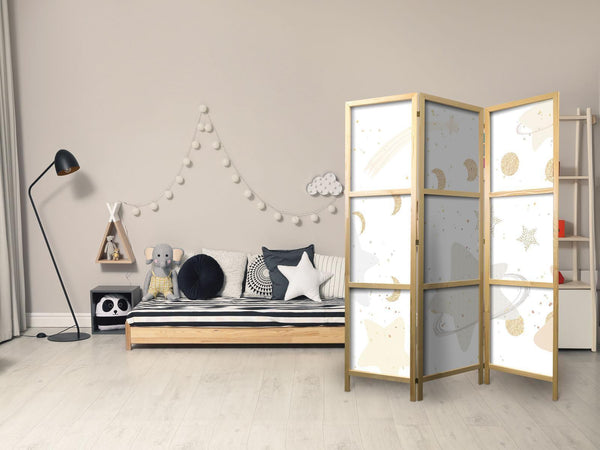 Paravento giapponese - Fairy-Tale Galaxy - Moon Phases in Shades of Yellow Among Stars in Beige and Ash Colors with Stardust