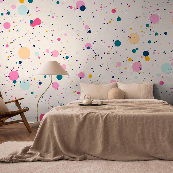 Carta da parati - Dots Speckles and Splatters Multicolored Cheerful Pattern on a Light Pink Background