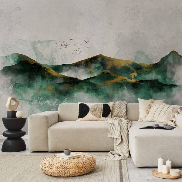 Carta da parati - Abstract landscape - green mountains with golden patterns and birds