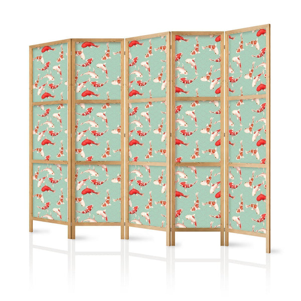 Paravento giapponese - Fish and Japanese Pattern - Koi Fish in Orange-Cream Colors on a Green-Mint Background with an Oriental Pattern