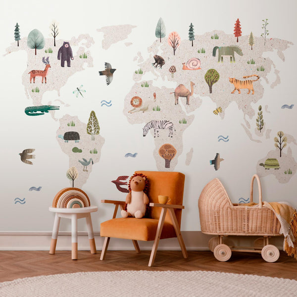 Carta da parati - Beige World - Continents With Animals in Muted Colours