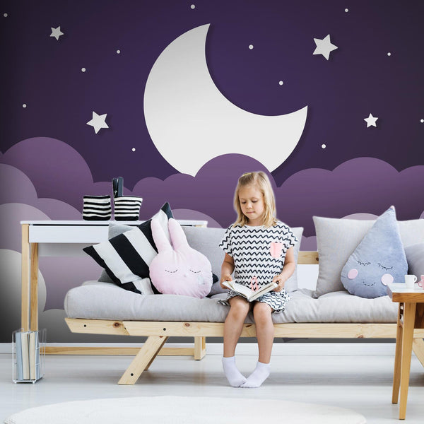 Carta da parati - Moon dream - clouds in a purple sky with stars for children