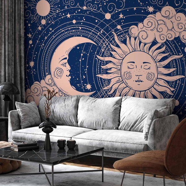 Carta da parati - Cosmic Harmony - Illustration of the Sun and Moon on a Navy Background