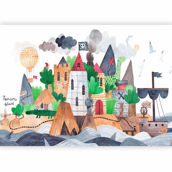 Carta da parati - A colourful treasure island with a castle - a pirate ship at sea for children