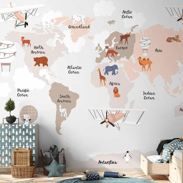 Carta da parati - World Map in Beige Tones for Children's Room