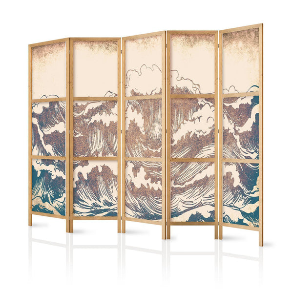 Paravento giapponese - Turbulent Ocean - High Waves in Brown And Navy Colors on a Beige Background in Vintage Style