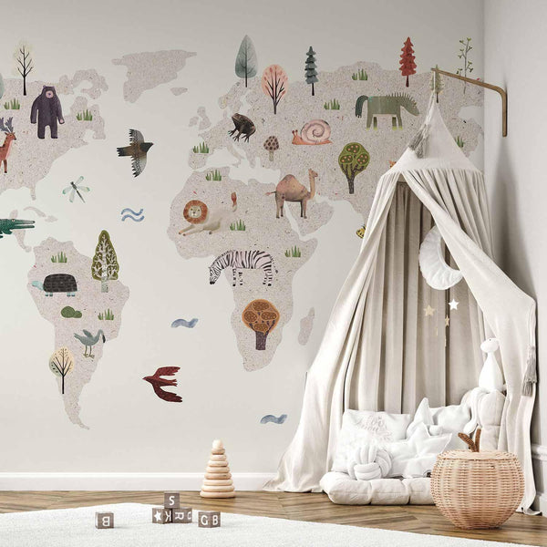 Carta da parati - Beige World - Continents With Animals in Muted Colours