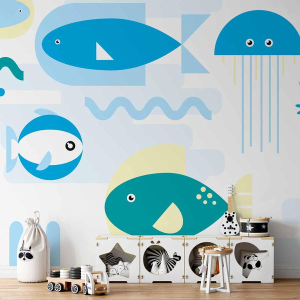 Carta da parati - Animals in the sea - geometric blue fish in water for kids