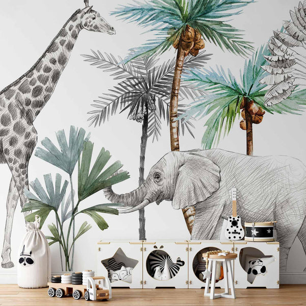 Carta da parati - Jungle Animals Wallpaper for Children's Room in Cartoon Style