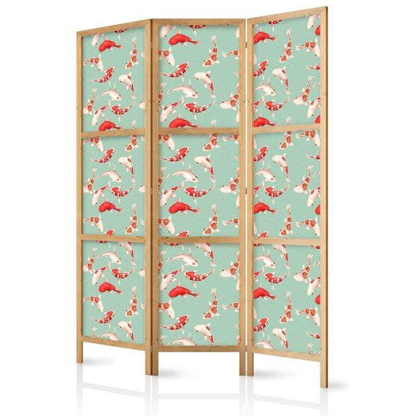 Paravento giapponese - Fish and Japanese Pattern - Koi Fish in Orange-Cream Colors on a Green-Mint Background with an Oriental Pattern