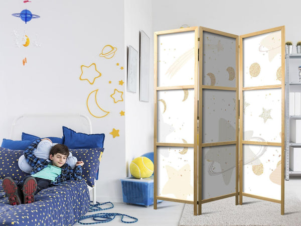 Paravento giapponese - Fairy-Tale Galaxy - Moon Phases in Shades of Yellow Among Stars in Beige and Ash Colors with Stardust