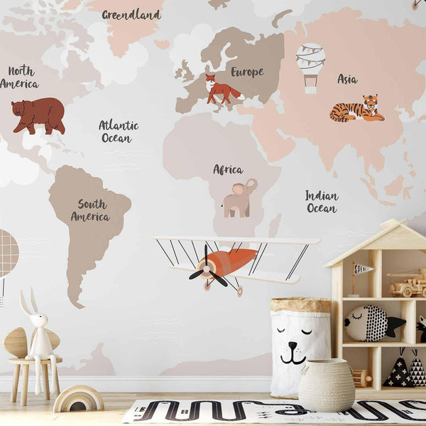 Carta da parati - Map in Shades of Beige - Continents With Animals