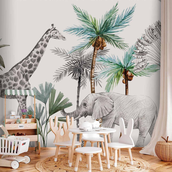 Carta da parati - Jungle Animals Wallpaper for Children's Room in Cartoon Style