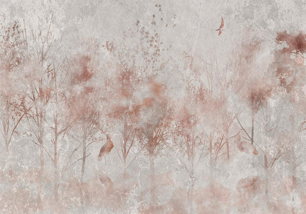 Carta da parati - Autumn landscape - abstract with trees and birds on a textured background