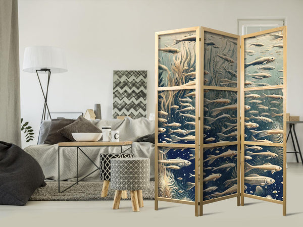 Paravento giapponese - Life in the Ocean - Underwater World of Fish and Vegetation in Beige and Navy Retro Style