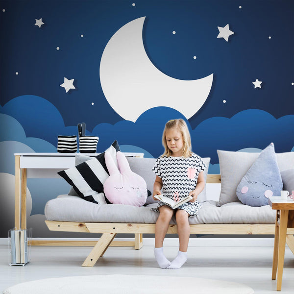 Carta da parati - Moon dream - clouds on a dark blue sky with stars for children