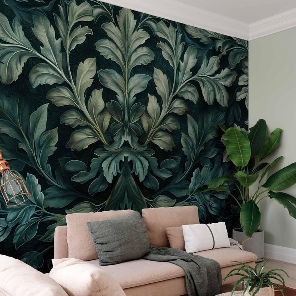 Carta da parati - Dark Green Victorian Leaves: Botanical Carved Composition