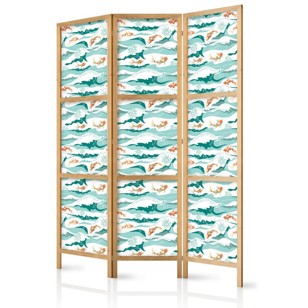 Paravento giapponese - Fish Jumping Over Waves - Oriental Fish and Water Lilies Among High Waves in Shades of Sea Green