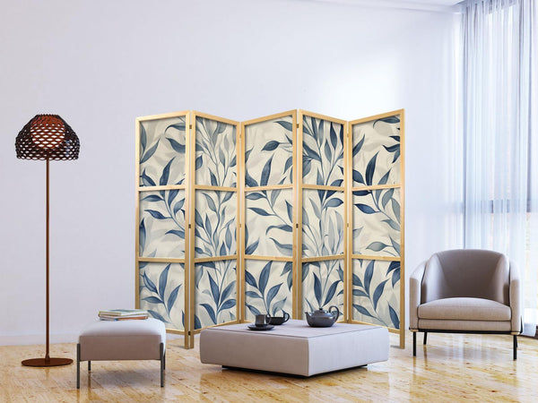 Paravento giapponese - Leaves in Blue Colors - Delicate Botanical Motif