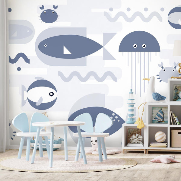 Carta da parati - Minimalist ocean - geometric fish and crabs in water for kids