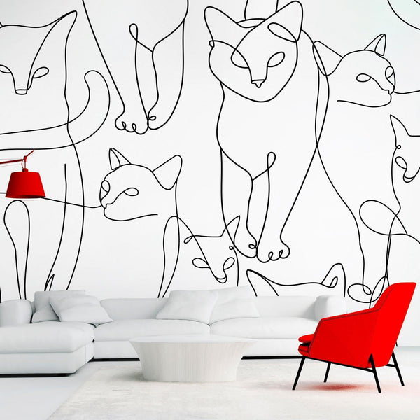 Carta da parati - Cat lineart - minimalist sketches of black cats on white background