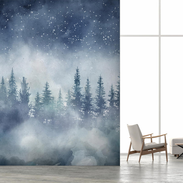 Carta da parati - Night landscape - landscape of a misty forest at night with a starry sky