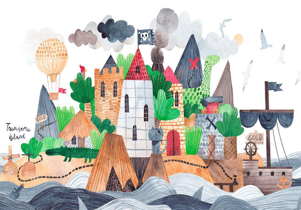 Carta da parati - A colourful treasure island with a castle - a pirate ship at sea for children